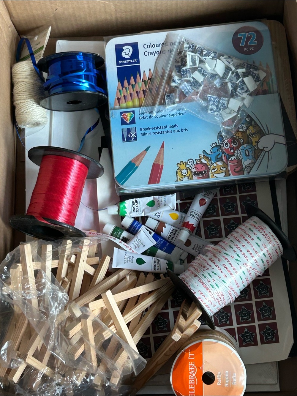 Giant box of four new canvasses, paints. 72-Coloured Pencils, unused, some used.